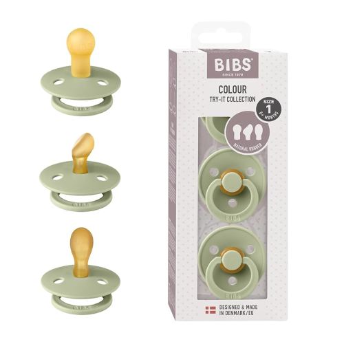 BIBS Pacifiers 0-6 Months | 3-Pack Soothers | BPA-Free Symmetrical Nipple | Made in Denmark | Ivory Try-It Collection (Sage)