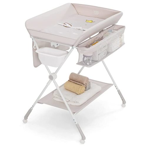 BABY JOY Baby Changing Table, Portable Folding Diaper Changing Station with Wheels, Adjustable Height, Large Storage Rack, Water Basin, Safety Belt, Mobile Nursery Organizer for Newborn Infant, Beige - Shape 3