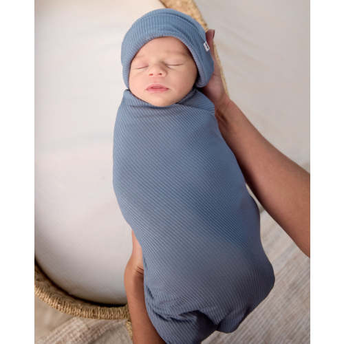 Hazy Blue Ribbed Swaddle & Infant Beanie Set | Little Sleepies