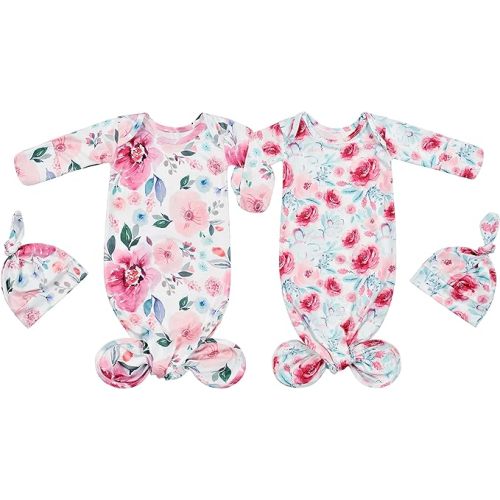 Newborn Baby Sleeper Gown Knotted Gown Nightgown Coming Home Outfits for Baby Girl 2-Piece Gown and Hat Set - 0-3 Months - Pink Floral