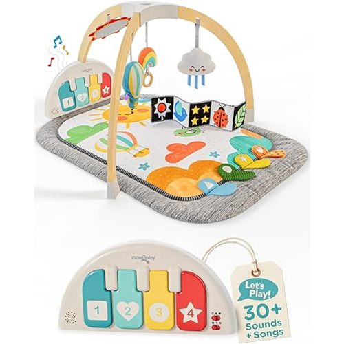 Move2Play, Montessori Inspired Wooden Kick & Play Baby Gym | Musical Piano | Thick + Soft Floor Mat | Tummy Time Activity Center | Play Mat for Newborns & Infants | Toys for Ages 0-6+ Months