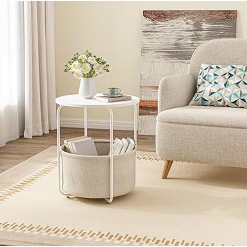 Round End Table, Side Table for Living Room, Small Bedside Table for Small Spaces, Modern White Nightstand for Bedroom Nursery with Fabric Storage Basket
