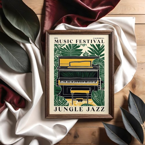 Vintage California Music Festival Jungle Jazz Poster, Retro Piano & Tropical Leaves Wall Art, Collectible Music Poster, Home Decor Large Art
