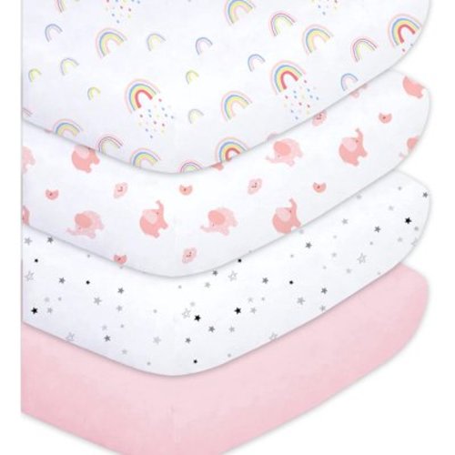 Little Grape Land Crib Sheets for Baby Boys 4 Pack, 28"x 52" Extra Soft Microfiber Crib Sheet Set for Standard Crib & Toddler Mattress Pad, Rainbow & Elephant & Stars & Pink