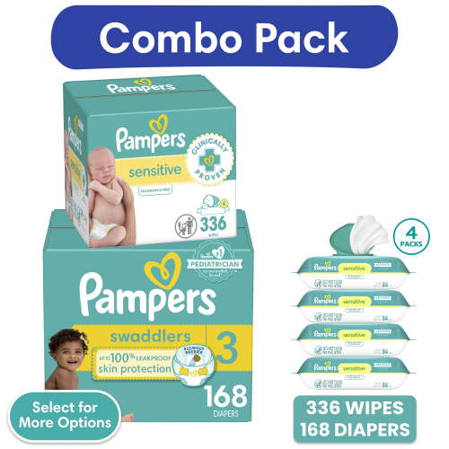 Pampers Swaddlers Diapers, Size 3, 168 Count and Pampers Sensitive Baby Wipes Unscented, 4 Pack, 336 Total Count