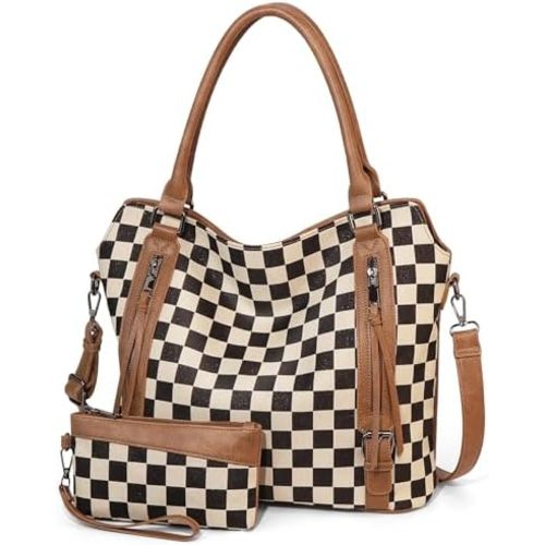 Checkered Large Hobo Purses for Women Vintage Tote Bag for Women Shoulder Bag Multiple Pockets Tote Handbags