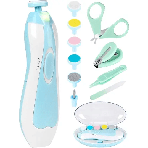 Baby Nail Trimmer Electric-12 in 1 Baby Nail Clippers Safe Baby Nail File Kit with a Nail Clipper, Scissor, Tweezers, and Nail Files (Blue+)