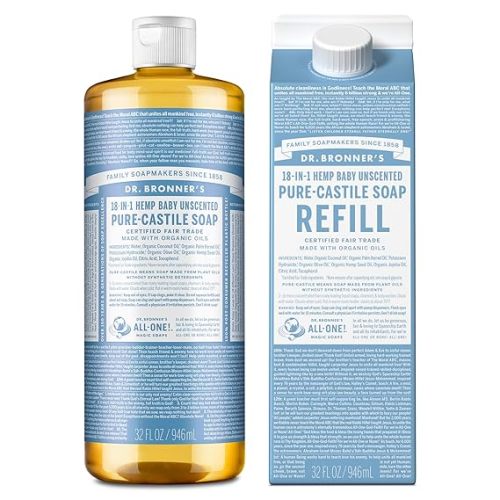Dr. Bronner’s Pure-Castile Liquid Soap Bottle & Refill Carton - Made with Regenerative Organic Certified Oils, 82% Less Plastic-18-in-1 Uses for Face, Body Wash, Hand Soap Refill- Baby Unscented,32 oz