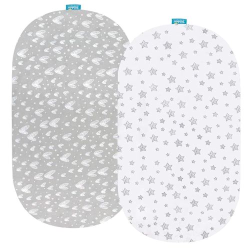 Bassinet Sheets Fit for Oval, Hourglass, Rectangle Bassinet Mattress, 2 Pack 100% Cotton Sheets for Halo, 4moms, Maxi-COSI, Delta, Baby Delight Bassinest, Unisex Fitted Sheet for Baby Boy Girl