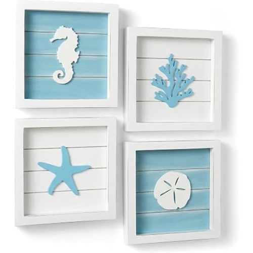 Tide and Tales Coastal Wall Art (Framed Set of 4) Beach Bathroom Wall Decor with Starfish, Seahorse, Sand Dollar and Coral - Ocean Theme Turquoise Room Decor - Seashell Beach Decorations for Home 7" x 7"