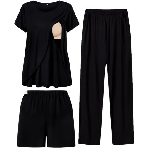 SWOMOG Women Maternity Pajamas Sets 3 Pcs Adjustable Breastfeeding Nightwear Double Layer Short Sleeve Pregnancy Pjs Set