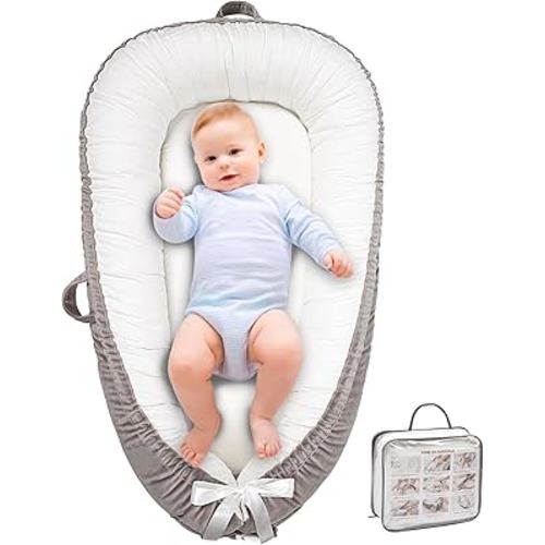 Baby Lounger, Ultra Breathable Soft Cotton Perfect for Tummy Time, Portable & Adjustable Infant Floor Seat for Traveling | Newborn Shower Gift(Grey White)