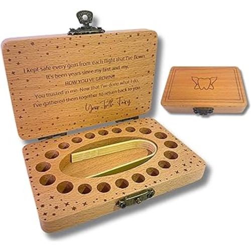 Tooth Fairy Keepsake Box for Girls & Boys, Tooth Fairy Box for 20 Baby Teeth, Wooden Tooth Storage & Saver Box for Lost Teeth, Tooth Fairy Gifts for Birthday (Natural Beech)