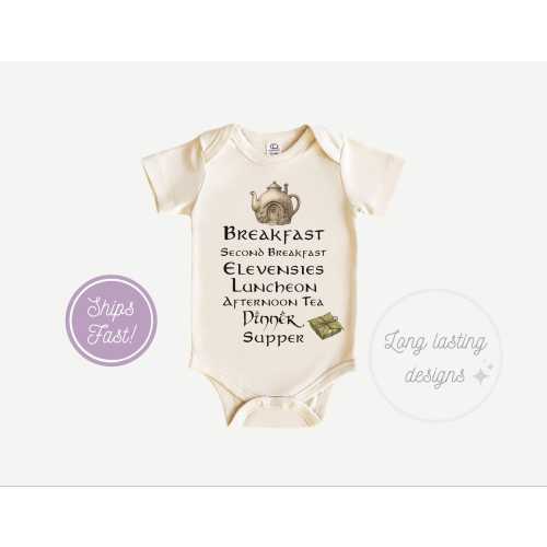 Second Breakfast Baby Onesie – Fantasy-Inspired Halfling Baby Onesie, T-shirt, White Bib for Unisex Babies, Stylish and Comfortable