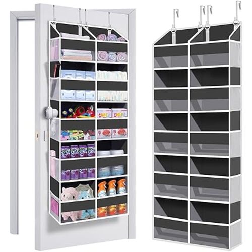 Heavy Duty Over The Door Organizer 57x20x7, 10 Large Front & 10 Side Pockets, 80lb Weight Capacity, Family Hanging Storage Closet Door Organizer for Bedroom, Bathroom and Baby Nursery Storage, Grey