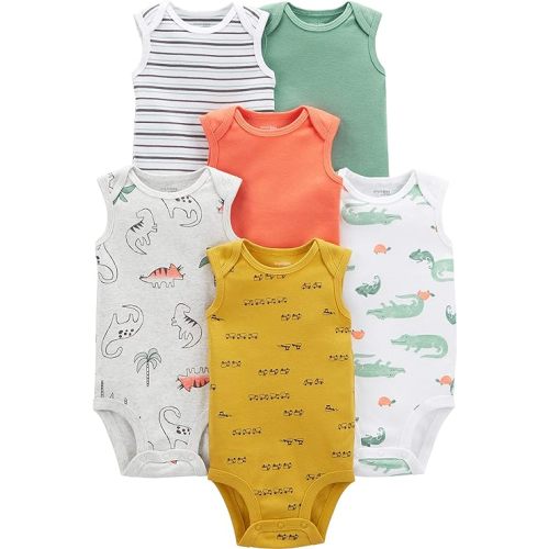 Simple Joys by Carter's Boys' 6-Pack Short-Sleeve Bodysuit - 6-9 Months - Alligator/Dinosaur/Stripe/Trucks