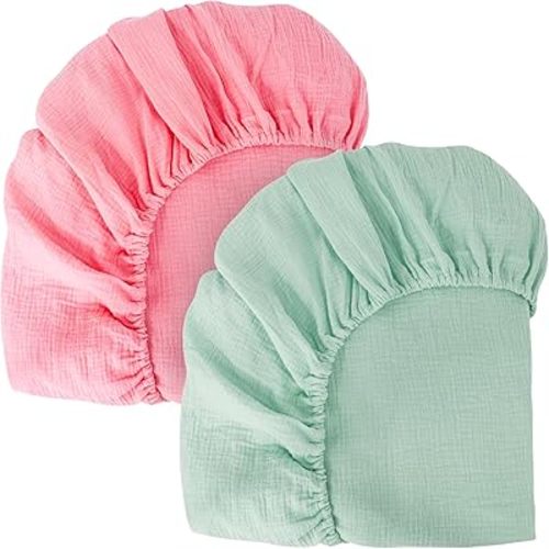 Crib Sheets 2 Pack, Muslin Crib Sheets for Standard Crib Mattress(28"x 52"), 100% Cotton Fitted and Soft Breathable Crib Mattress Sheet for Girls and Boys(Green/Pink)