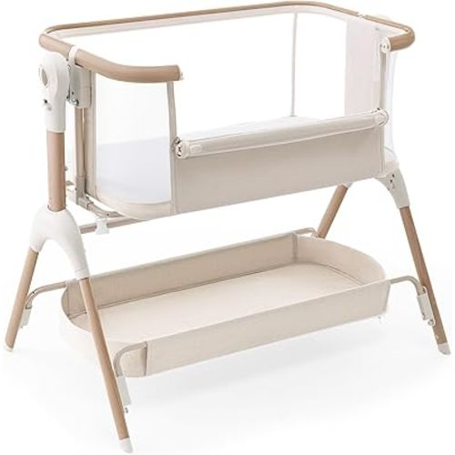 HARPPA Rocking Baby Bassinet Bedside Sleeper, 3 in 1 Adjustable Height Newborn Bassinet with Mattress and Breathable Mesh, Wood Grain