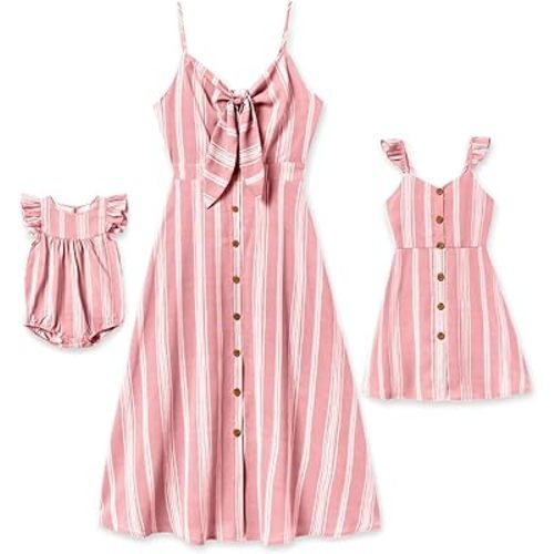 IFFEI Family Matching Outfits Mommy and Me Dresses Spaghetti Strap Stripe Print Summer Casual Dresses