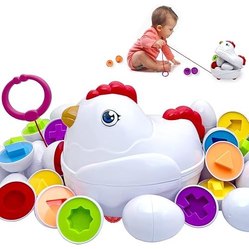 Easter Matching Eggs Toddler Toy with Push & Pull Chicken Box, 12 Pcs Montessori Sorter Learning Educational Toy, Multiple Shapes and Colors Fine Motor Skills Sensory Toy, Gift for Boys Girls