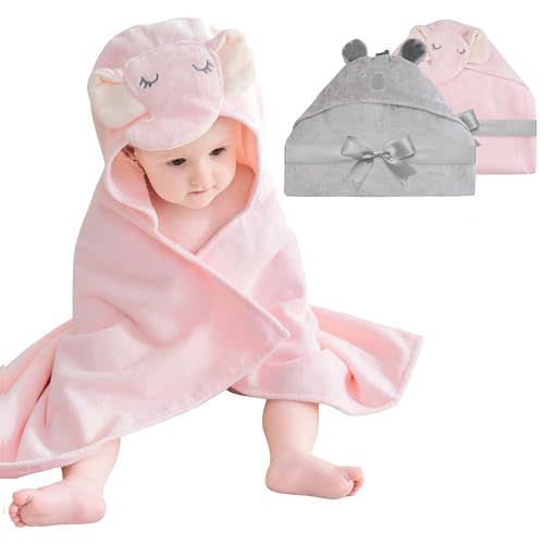 Softan 2 Pack Baby Hooded Towels, Premium Soft Cotton Baby Bath Towels with Hood, Extra Thick and Super Absorbent, Essential for Newborns, Infants and Toddlers (Pink Elephant & Gray Koala)