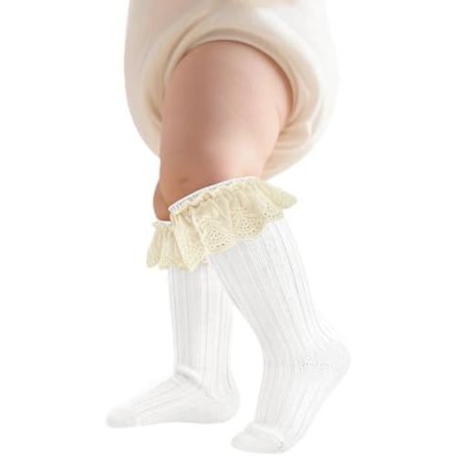 Zando Baby Girls Knee High Socks with Ruffles, Soft Cotton Long Tube Ruffle Socks for Preemie Infant Newborn Toddler 0-4T