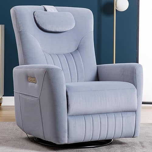 Glider Rocking Chair Nursery, Swivel Rocker, Power Recliner Chair, Nursery Glider Recliner with Adjustable Headrest, USB Ports, Living Room Chairs, Fabric, Blue