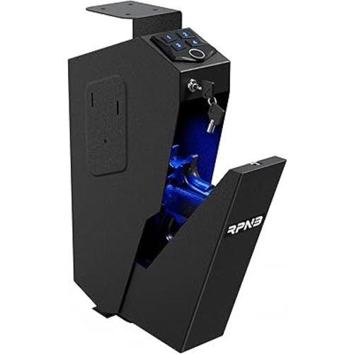 RPNB Mounted Gun Safe,California DOJ Certified Handgun Safe, Auto Open Lid Smart Pistol Safe with Biometric Fingerprint or Keypad Lock