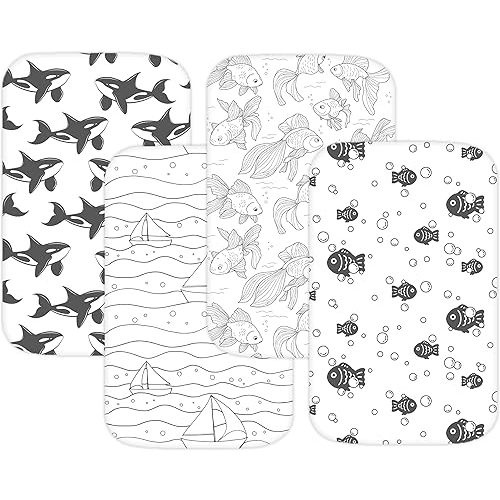TansyPanda Bassinet Sheets for Angelbliss, Koolerthings, Koola Baby Bassinet Bedside Sleeper, 3 Pack, 33x20 inch, Ultra Soft, Breathable, Snug Fit, Unisex Boys Girls, Gray White (Ocean Fish Theme)