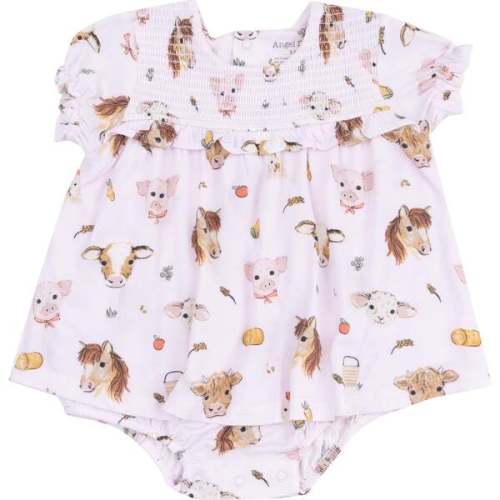 Smocked Ruffle Bubble with Skirt, Vintage Animals Faces Pink - Angel Dear | Maisonette