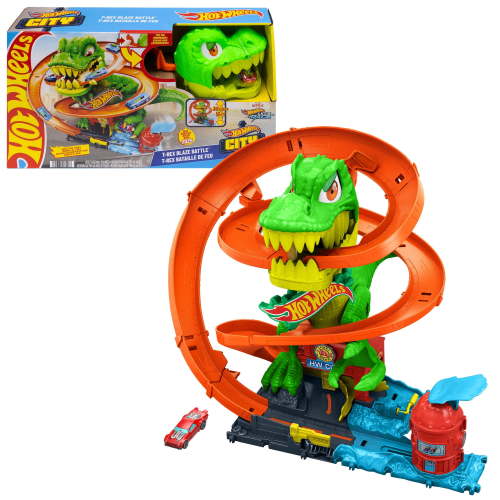 Free Shipping! Hot Wheels City T-Rex Blaze Battle Playset with 1:64 Scale Die-Cast Car Dinosaur Nemesis