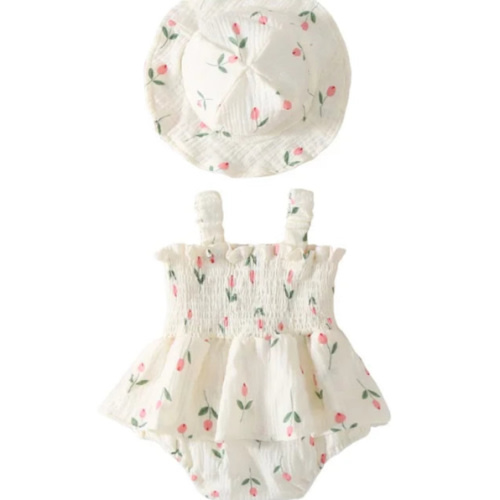 TULIP Smocked Romper with Sun Hat - Hazel & Bo