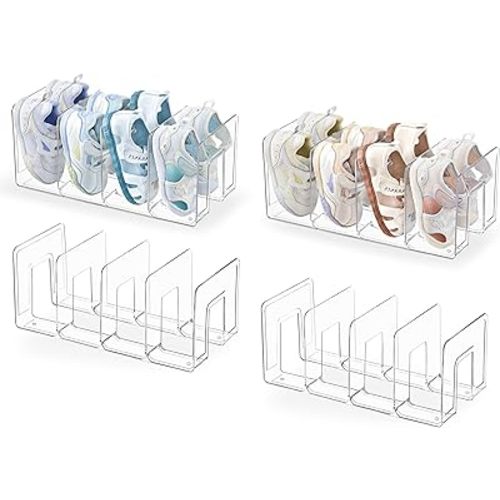 HBlife Clear Acrylic Kids Shoe Rack for Closet Organizers and Storage, Small Shoe Rack 4 Sections Toddler Baby Shoe Storage Organizer Stackable Shoe Shelf,Desk File Sorter Book Purse Organizer(4 Pack)