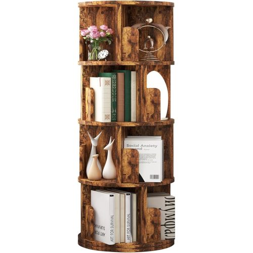 oneinmil 360° Rotating Bookshelf, Small Corner Bookcase with Small Footprint, 4 Tier Standing Bookcase for Kids&Adults, Wood Bookshelf Designed for Bedroom, Living Room, Brown