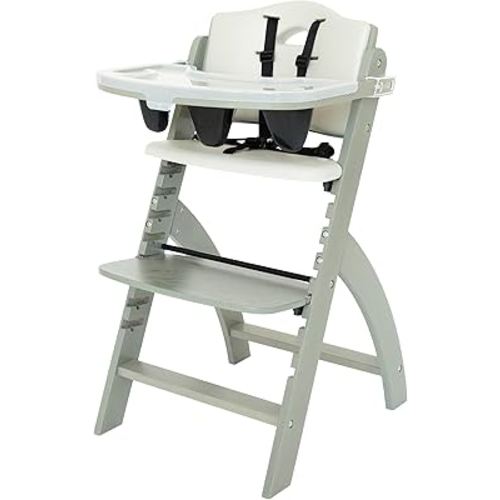 Abiie Beyond Junior Wooden High Chair with Tray - Adjustable and Convertible High Chair for Babies and Toddlers - 6 Months to 250 Lb - Water Resistant - Misty Grey Wood/Dove Grey Cushion
