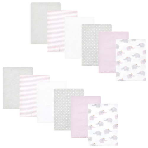 Hudson Baby Infant Girl Cotton Flannel Burp Cloths Bundle, Lilac Elephants, One Size