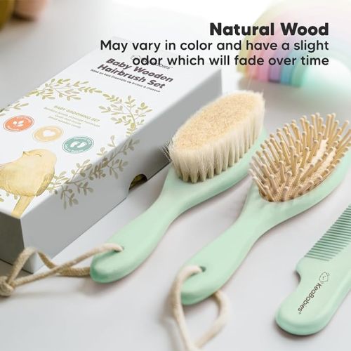 Baby Hair Brush and Comb Set for Newborn - Wooden Baby Hair Brush Set with Soft Goat Bristle, Baby Brush Set for Newborns, Baby Brush and Comb Set Girl, Boy, Toddler Cradle Cap Brush (Oval, Sage)