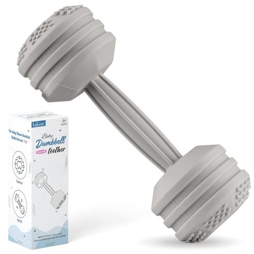 Baby Dumbbell Silicone Teether - Weight Rattle Sensory Toy for Babies and Toddlers - Great Gift for Girls or Boys (Gray)