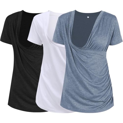 Liu & Qu Women's Maternity Nursing Tops, Layered Wrap for Breastfeeding, V-Neck Short Sleeve Tee Shirts 3 Packs