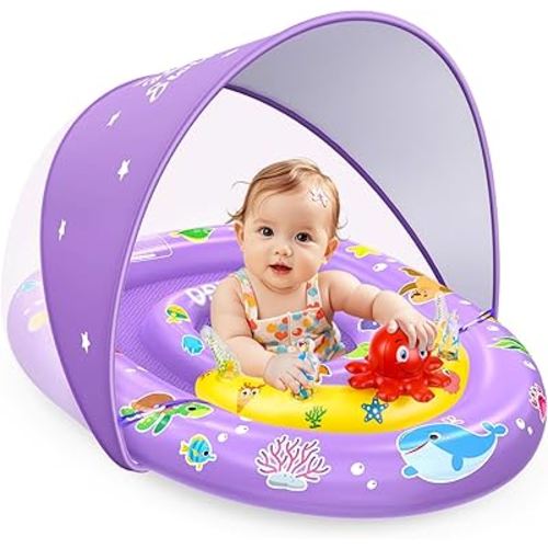 EZIGO Baby Pool Float with Canopy UPF 50+ Sun Protection, Double Air Chambers Infants Swimming Floats with Sound Toys Adjustable Safety Seat Toddler Float for Boys and Girls 6-36 Months