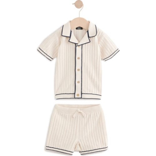 Kids' Tipped Cotton Button-Up Polo Sweater & Shorts Set