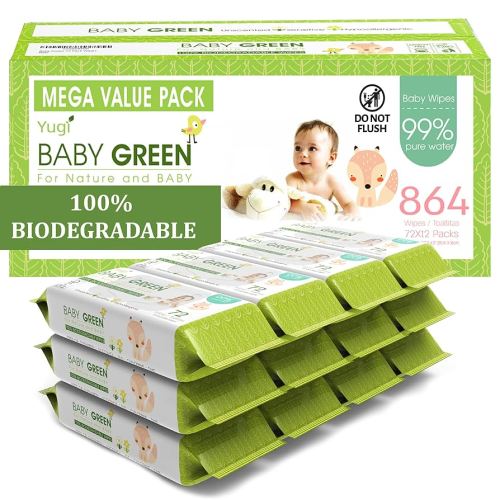 Yugi Green Baby Wipes – Unscented, Compostable, Biodegradable, Plant-Based, Fragrance-Free, for Sensitive Skin & Babies – 12 Packs of 72 (864 Count)