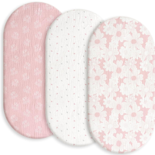 Gllquen Baby Muslin Bassinet Sheets 3 Pack, Breathable Elastic Cozy Fitted Cotton Bassinet Mattress Sheet for Baby Boy Girls, Fit for Hourglass Oval Rectangular Cradle Pad Sheets 33"x17" (Pink)