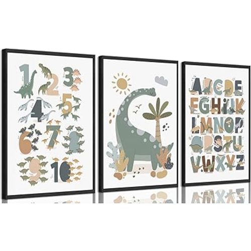 ZLXARTLA Dinosaur Alphabet Numbers Canvas Wall Art Kids Reading Room Wall Decor Pictures Nursery Prints Game Room Painting Artwork for Kids Room Playroom Classroom Reading Nook 12x16in