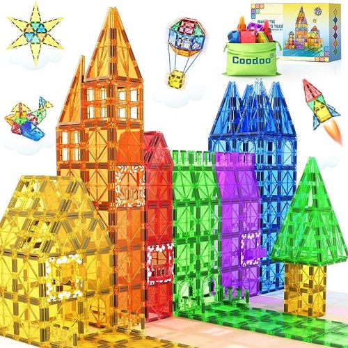 Coodoo Magnetic Building Tiles, 60 Pieces, Rainbow Shapes, STEM Toys, Sensory and Brain Development, Ideal for Preschool and Kindergarten Kids Ages 3+