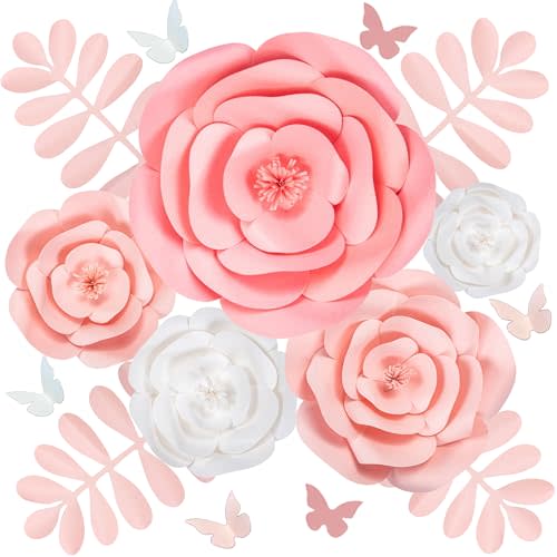 Rainbows & Lilies 15pc Large Paper Flowers Decorations for Wall - Reusable 3D Wall Decor for Girls Room, Nursery & Kids Bedroom - Pink & White Artificial Roses for Baby Shower, Wedding, Party Backdrop