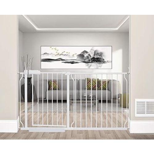 ALLAIBB Extra Wide Pressure Mounted Baby Gate Walk Through Child Kids Safety Toddler White Long Large Pet Dog Gates with Extension for doorways Kitchen and Living Room (57.48-62.20"/146-158cm)