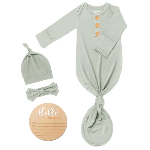 Soft Baby Knot Gown 0-3 Months, Newborn Announcement Sleepers With Mitten Cuffs and Personalized Wooden Name Tag