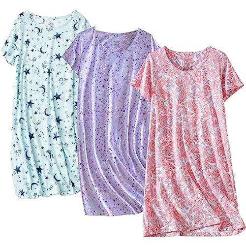 PNAEONG 3 Pack Women's Cotton Nightgown Sleepwear Short Sleeves Shirt Casual Print Sleepdress