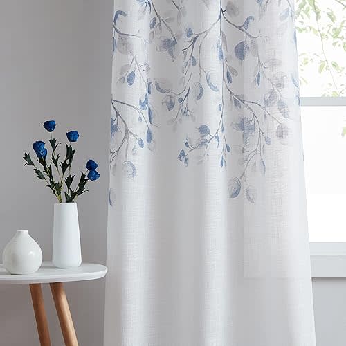Central Park Leaf Floral Print Metallic Sheer Window Curtain Panel for Rustic Living Room/Bedroom Sparkling Decorative 6 Grommets Top Drape Panels Farmhouse Curtains, Navy Blue,40" x 84"x2, 2 PK